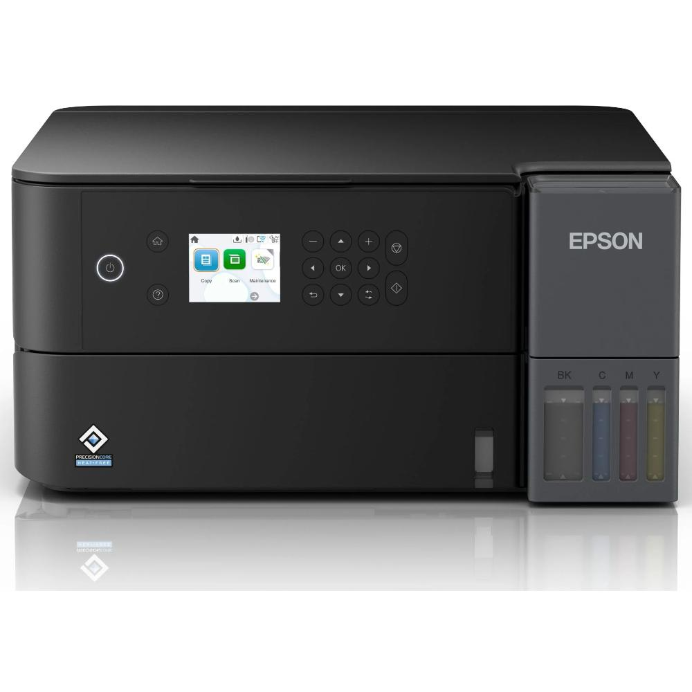 Sağda mürekkep tankları olan siyah Epson yazıcı. Ekranı ve düğmeleri olan kontrol paneli.