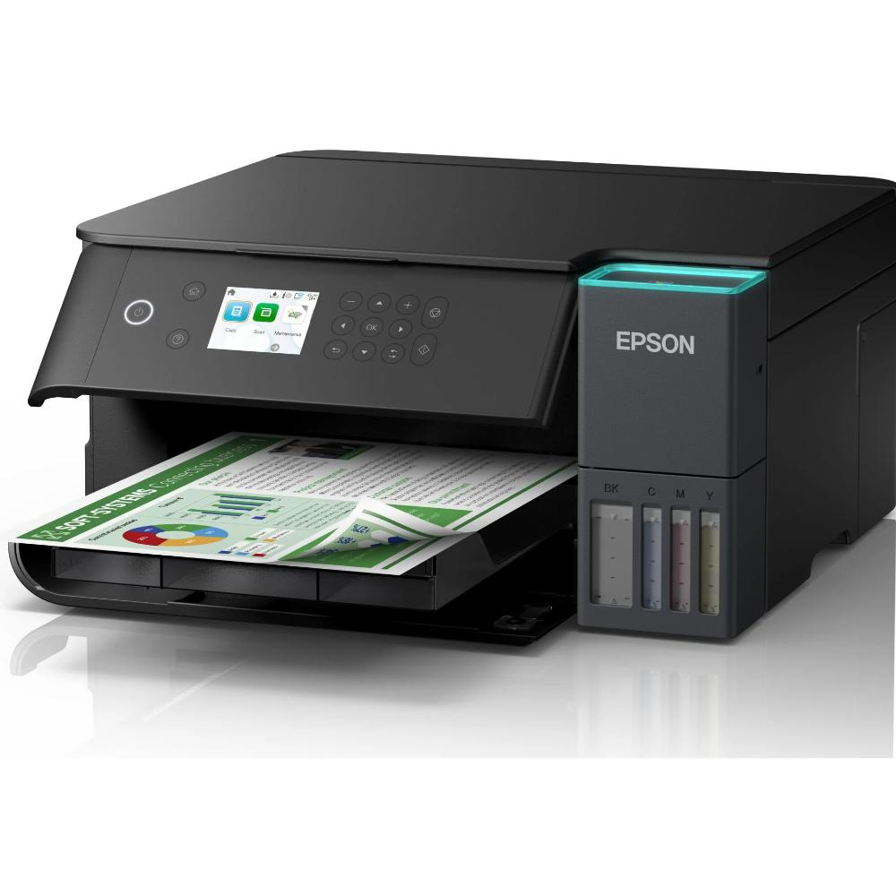 Kağıt çıkış tepsisi ve görünür mürekkep tankları olan siyah Epson yazıcı.
