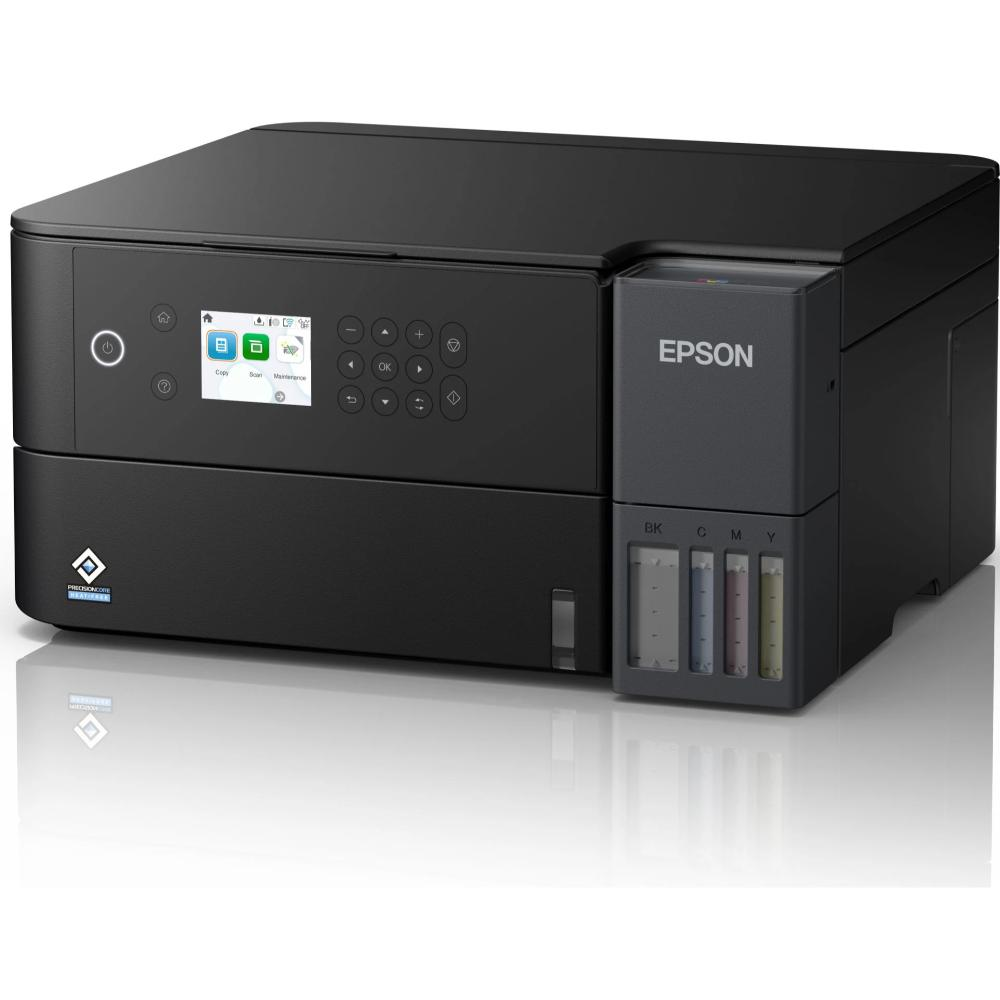 Renkli mürekkep tankları ve kontrol paneli olan siyah Epson yazıcı. Yakın çekim.