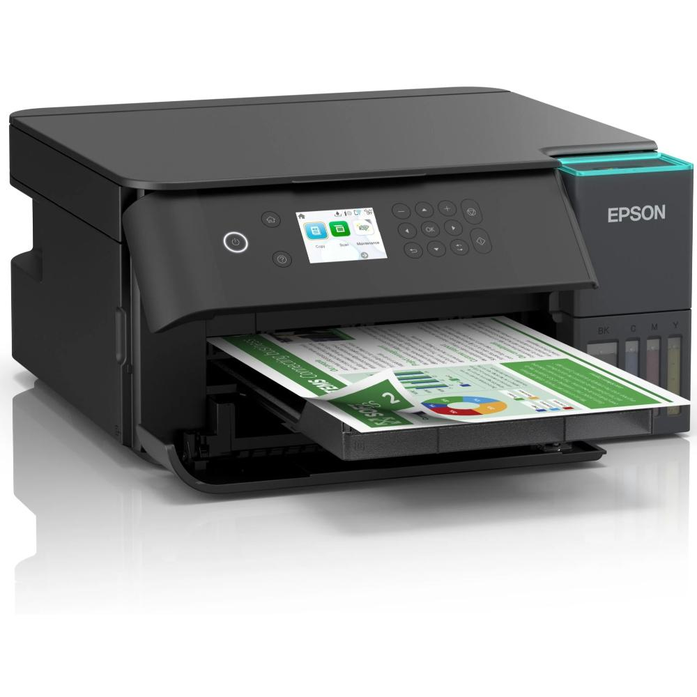 Mürekkep tanklı siyah Epson yazıcı ve çıktı tepsisinde bir kağıt yaprağı.