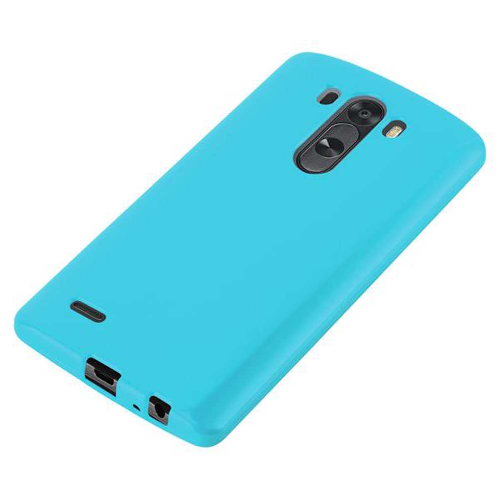 Una custodia blu brillante per telefono con ritaglio fotocamera e porta di ricarica.