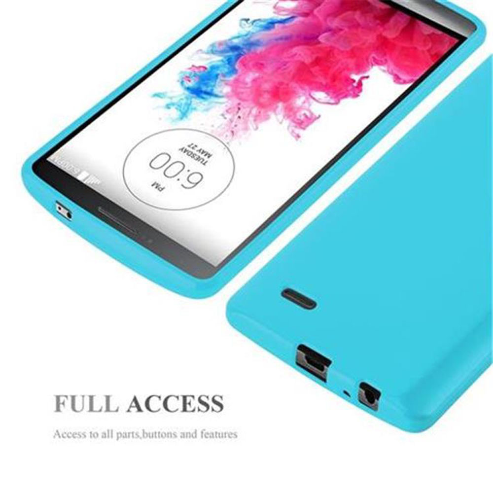 Uno smartphone turchese mostrato in primo piano, che mostra lo schermo e il retro.