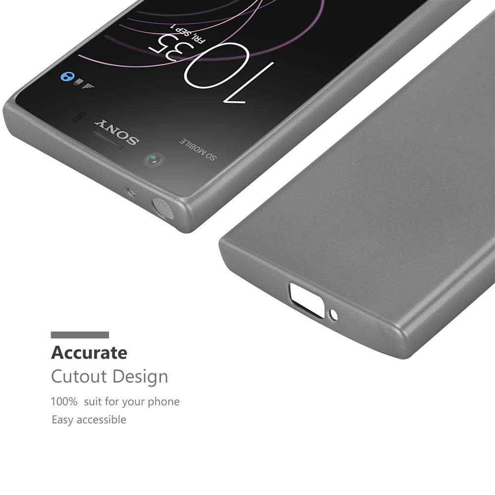 Custodia grigia per telefono accanto a uno smartphone Sony con orologio digitale.