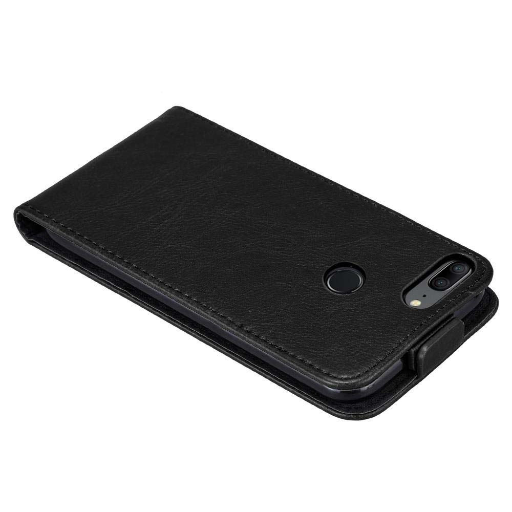Custodia flip in pelle nera per smartphone, con fotocamere e sensore impronte visibili.