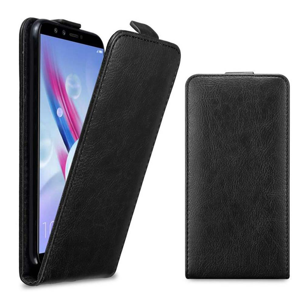 Custodia a libro in pelle nera per smartphone, aperta e chiusa.