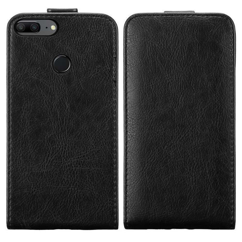 Custodia nera in pelle per telefono con ritaglio fotocamera e sensore impronte.