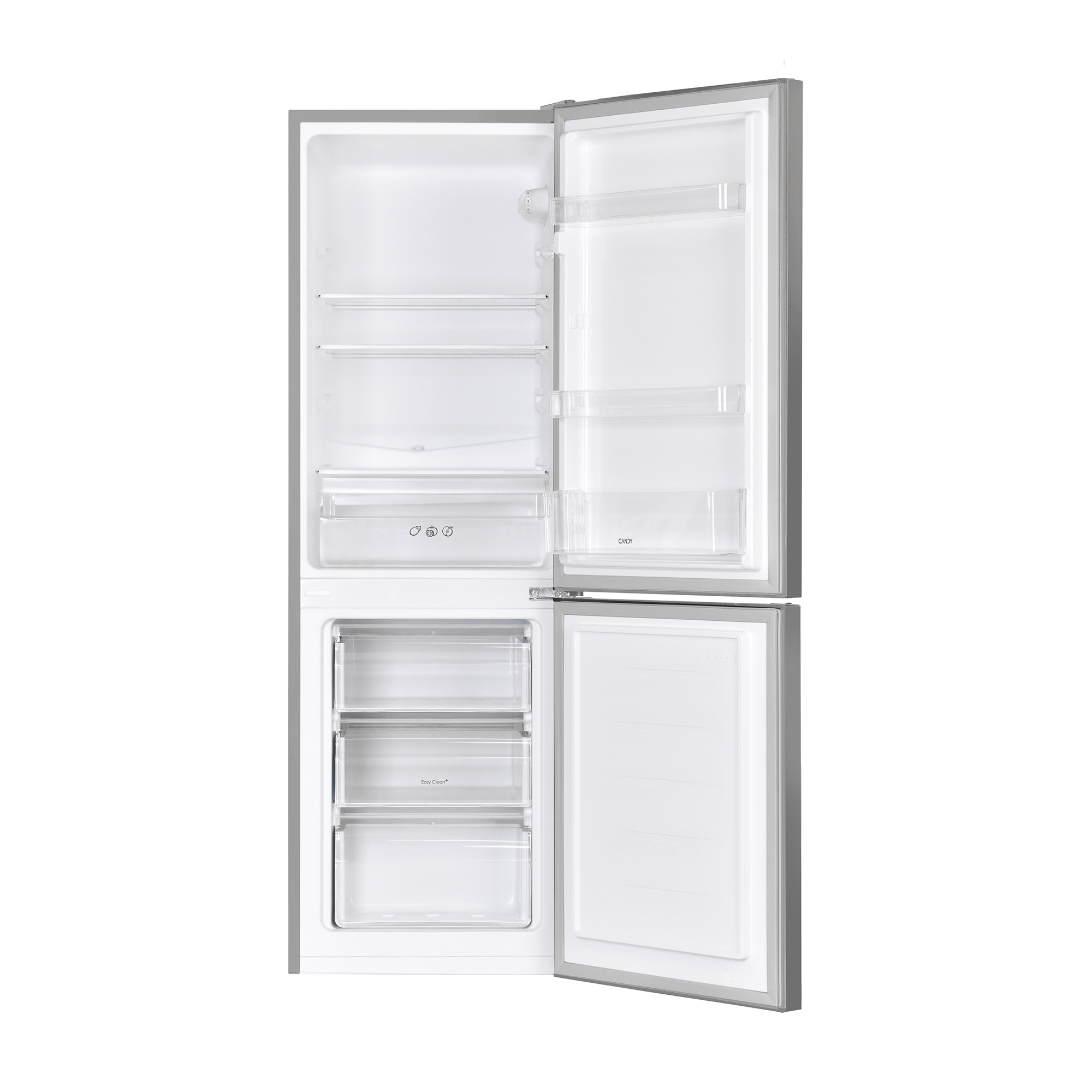 Ein offener Kühlschrank mit silbernem Rahmen, weißen Einlegeböden und transparenten Schubladen.