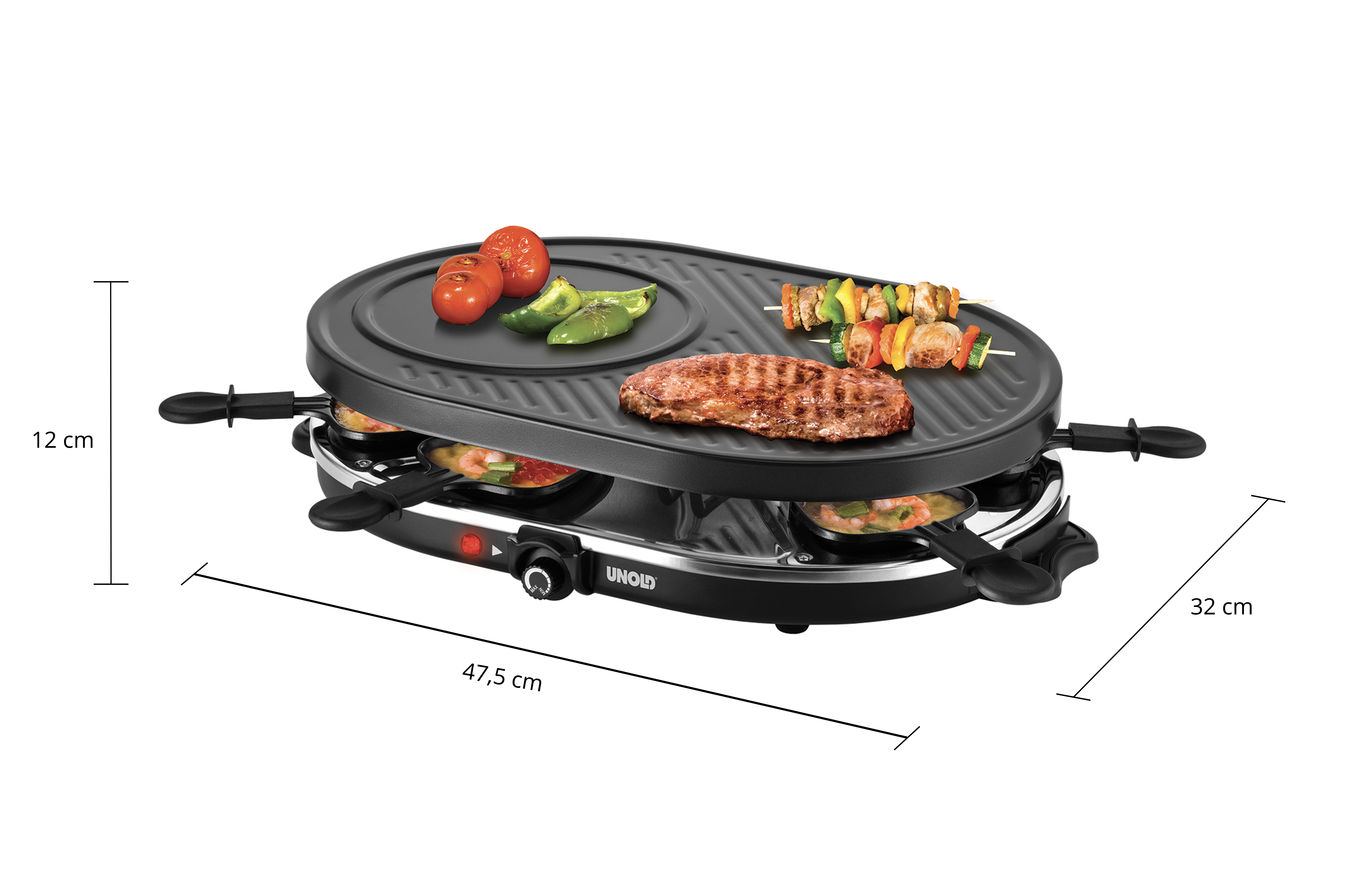 Czarny grill raclette ze stekiem, krewetkami, warzywami i szaszłykami.