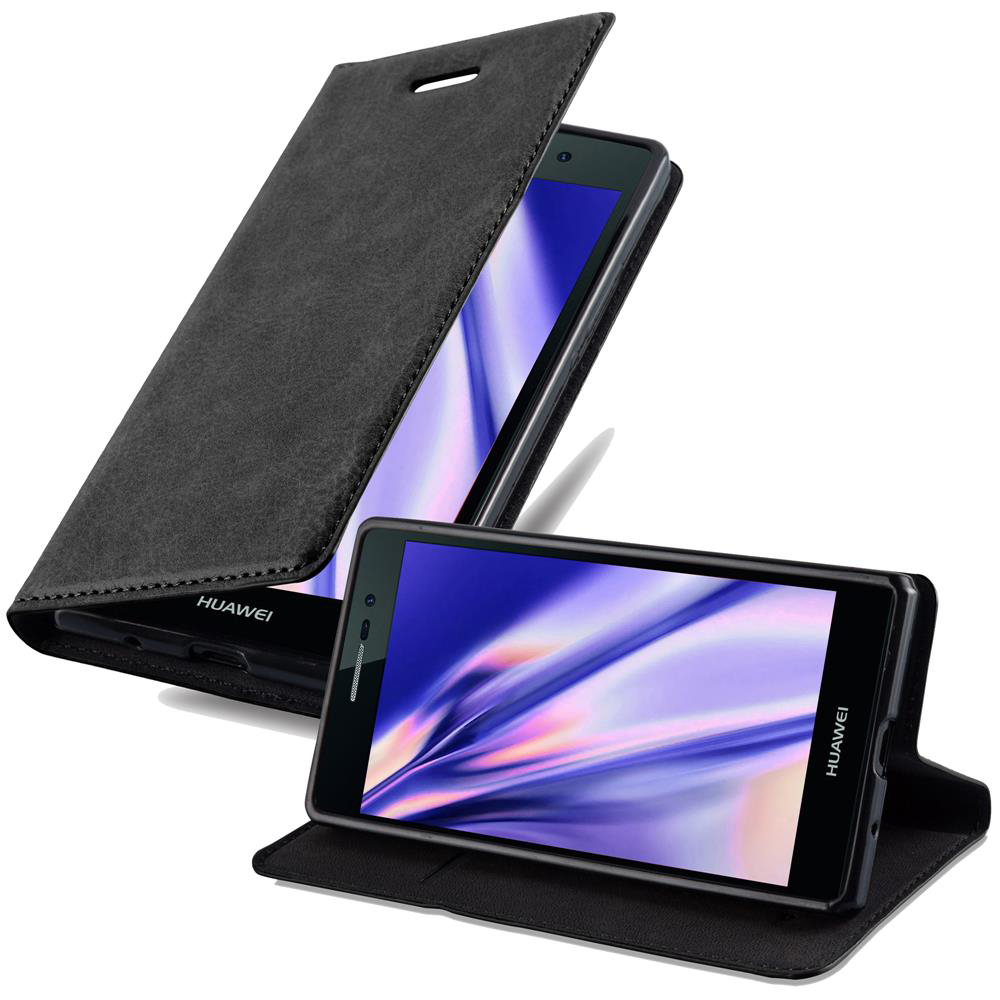 Dos teléfonos Huawei negros con fundas abiertas sobre fondo blanco.