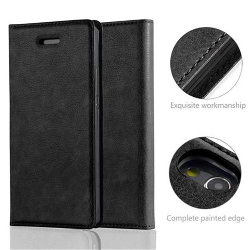 Funda de cuero negra para teléfono con detalles cercanos de su diseño.