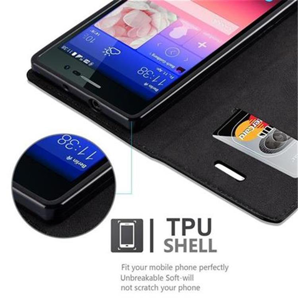 Una funda negra para teléfono con una tarjeta de crédito y pantalla mostrando la hora.