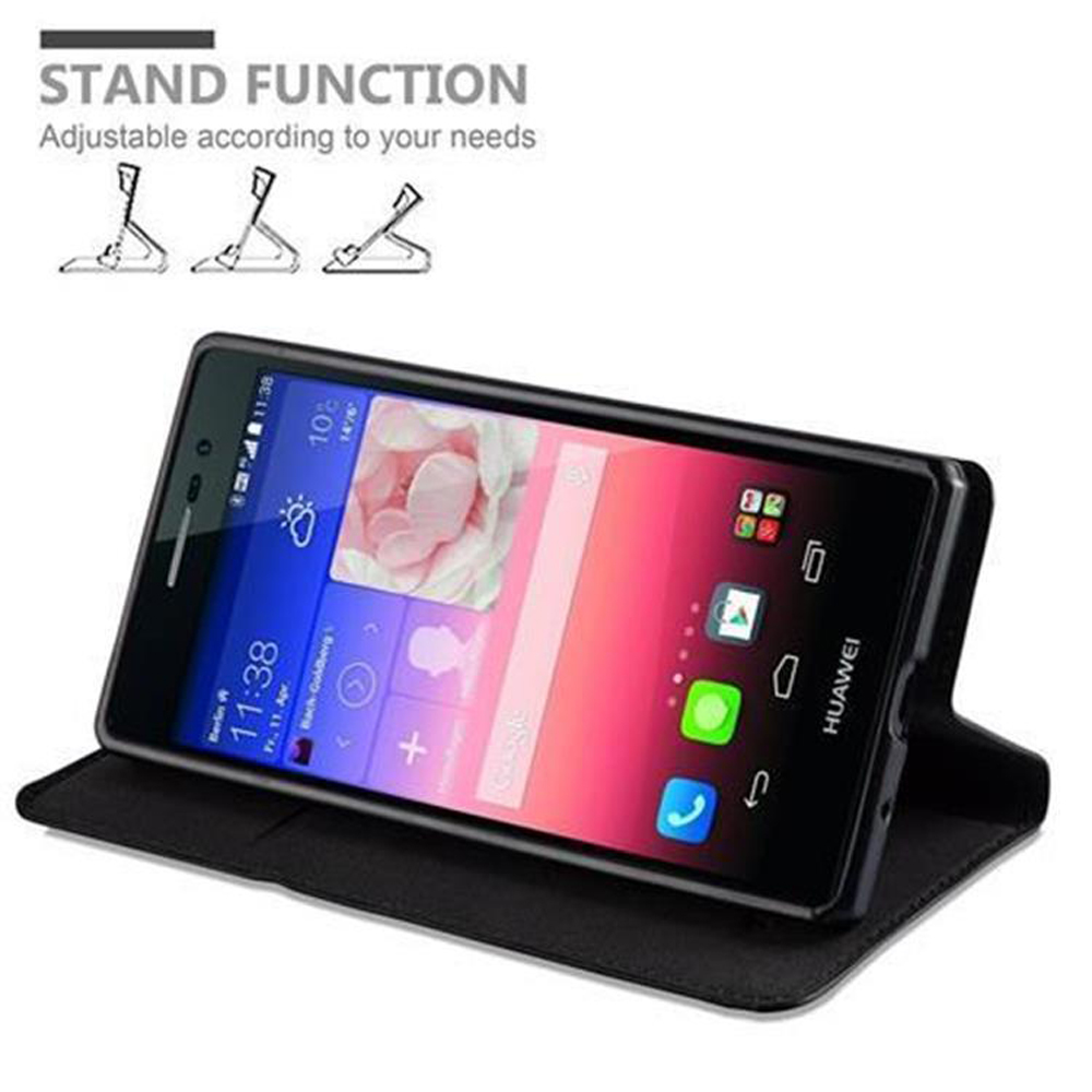 Un smartphone en un estuche de cuero negro de pie con texto 'Stand Function'.
