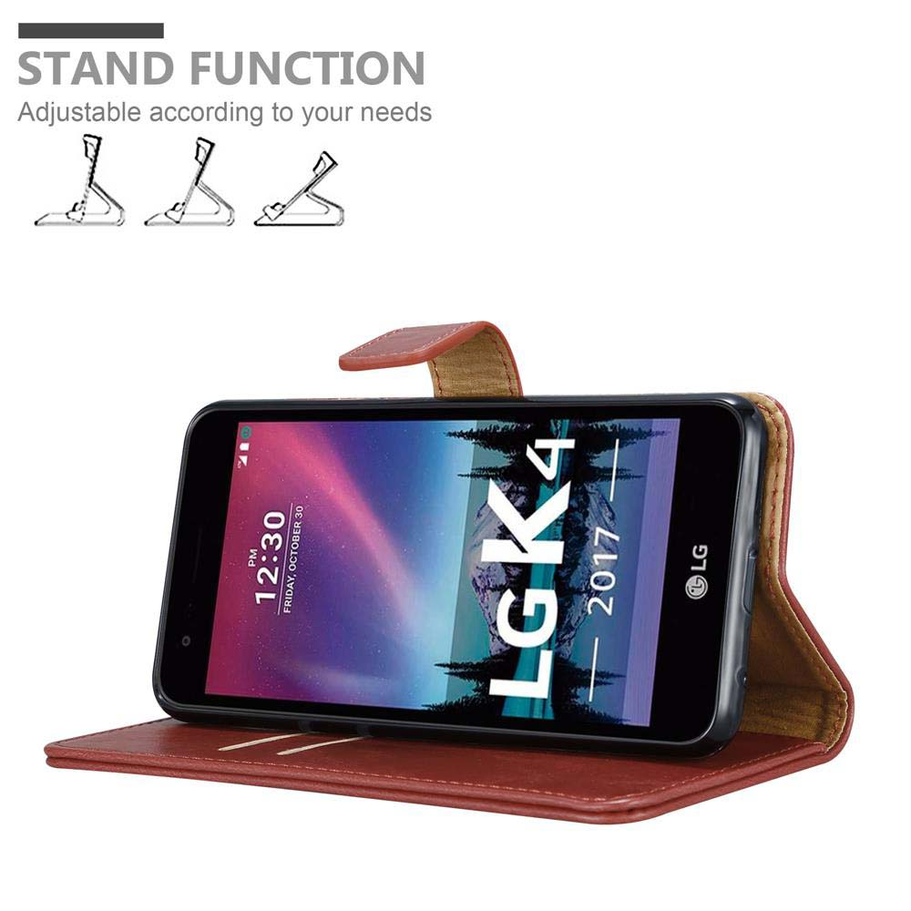 Una custodia per telefono marrone in modalità stand che mostra lo schermo LG K4.