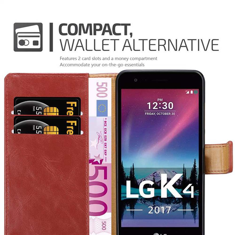 Un portafoglio rosso con telefono, banconote e carte.