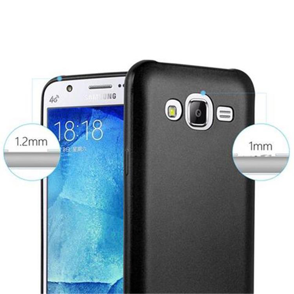 Telefono nero con custodia, mostra spessore 1,2 mm e 1 mm.