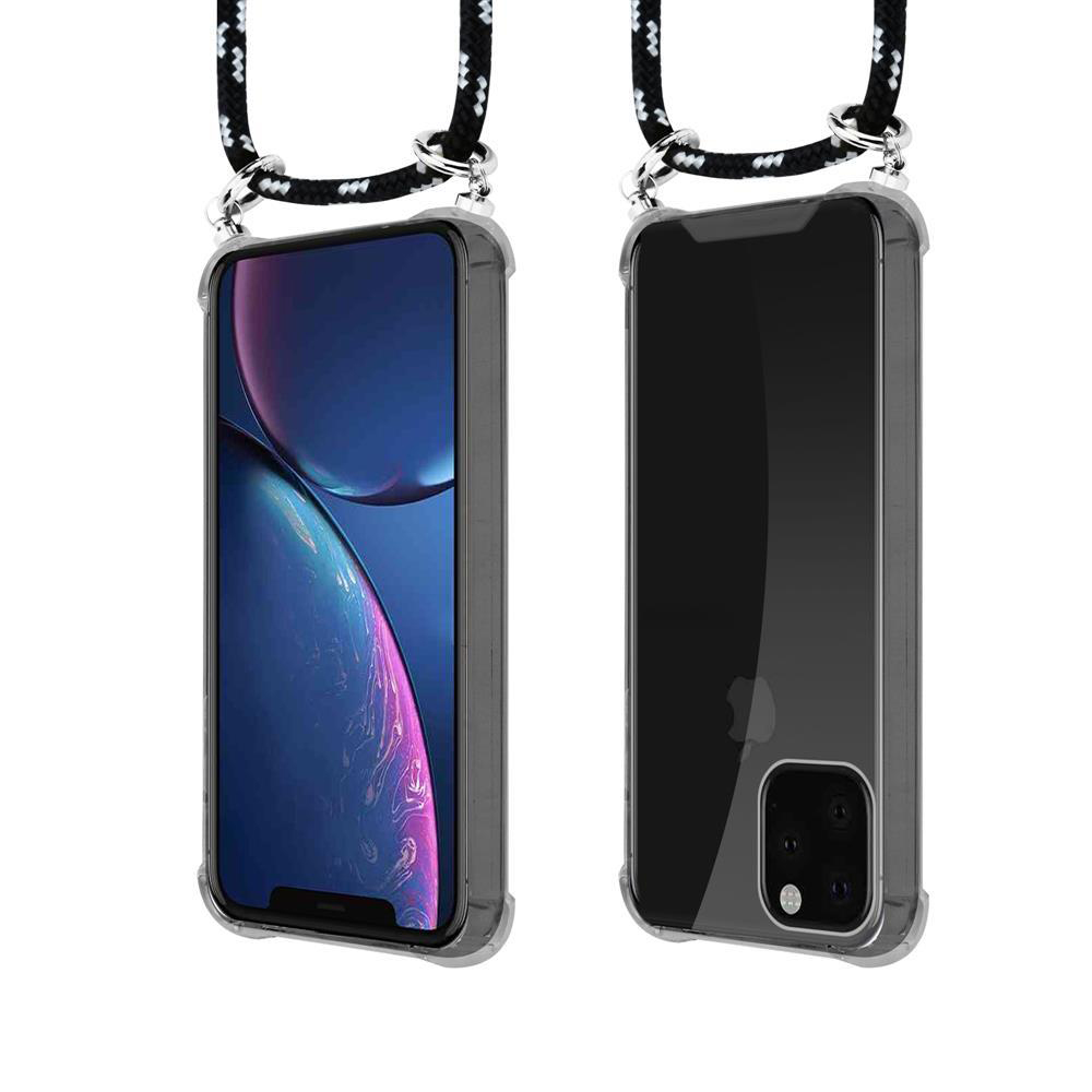 Due smartphone in custodie trasparenti con laccetto nero. Uno mostra lo schermo, l'altro il retro.