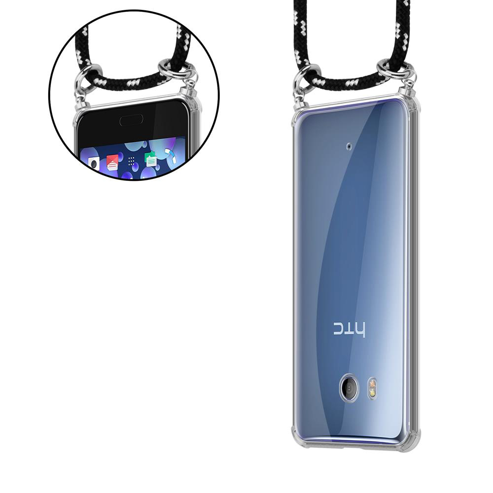 Ein Smartphone mit transparentem Gehäuse und Lanyard, HTC-Logo auf der Rückseite.