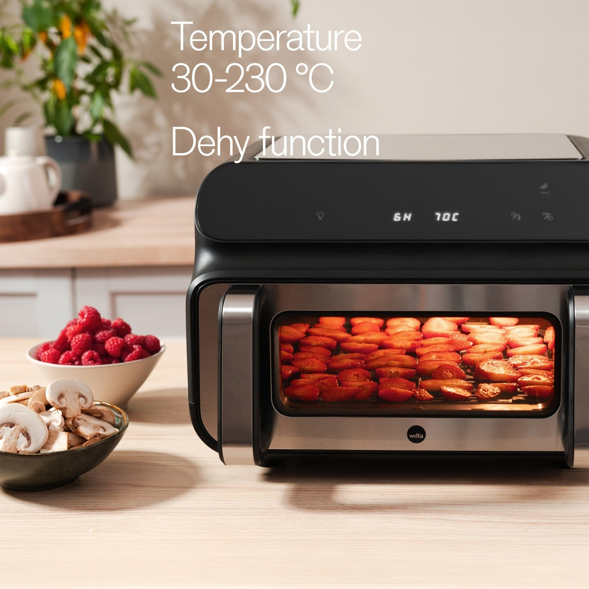 Un essiccatore con frutta e verdura, temperatura 30-230°C.