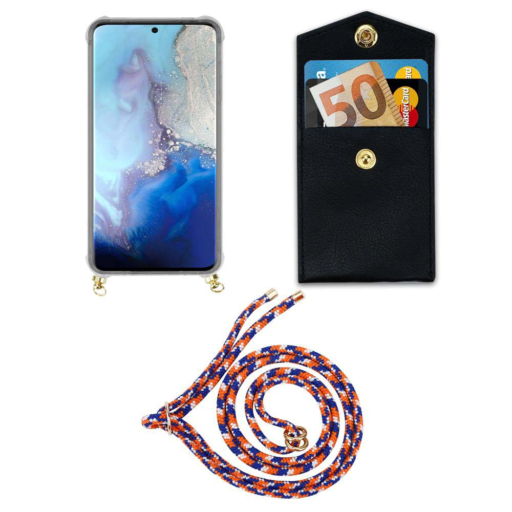 Custodia per smartphone con porta carte e cordino arancio/blu.