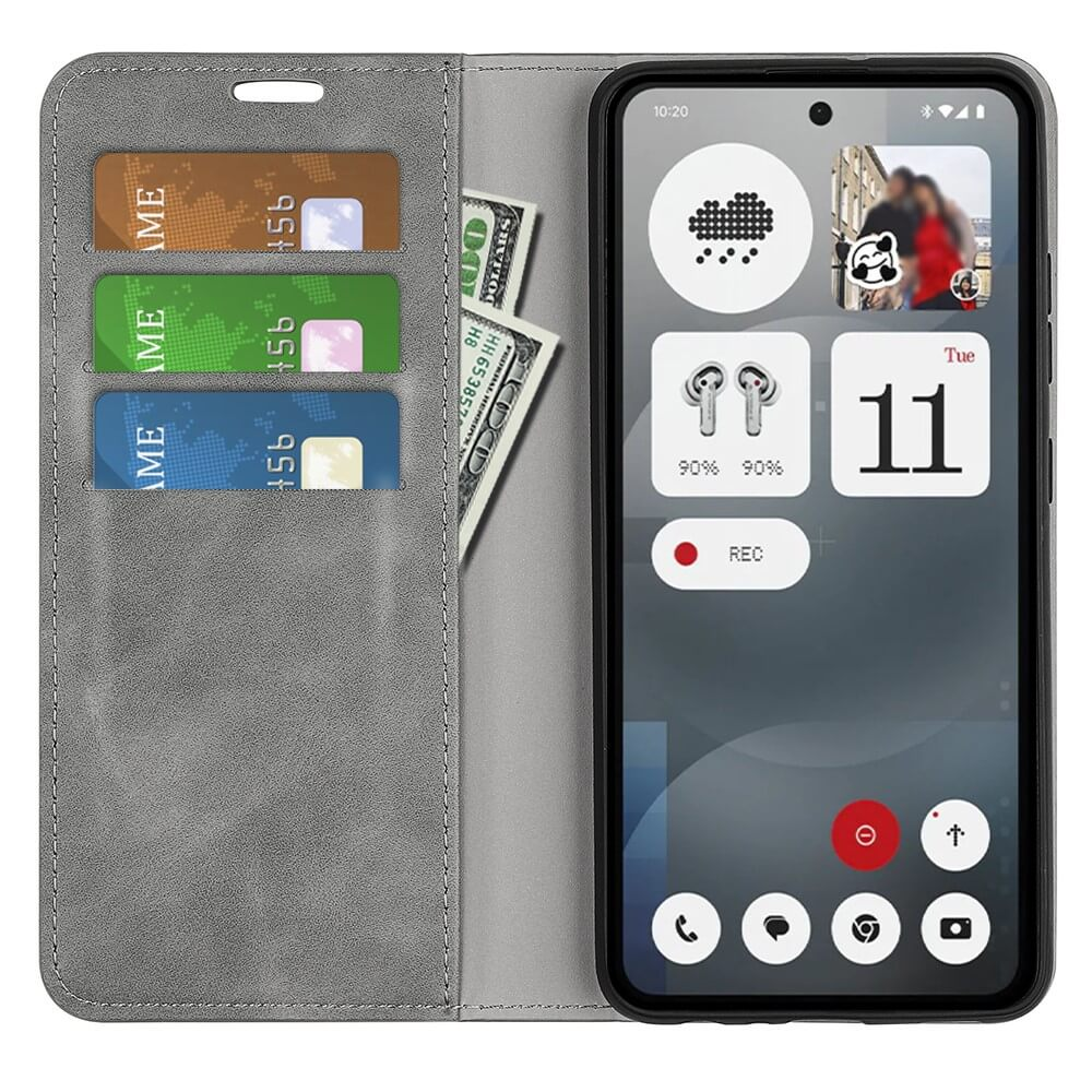 Graue Handyhülle mit Kartenfächern und Geldscheinen. Das Handy zeigt Widgets.