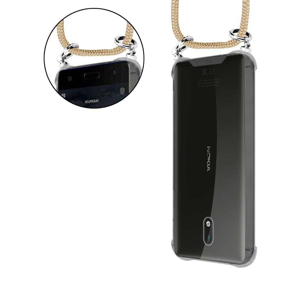 Ein durchsichtiger Handyhülle mit einem Nokia-Telefon und einem Lanyard.