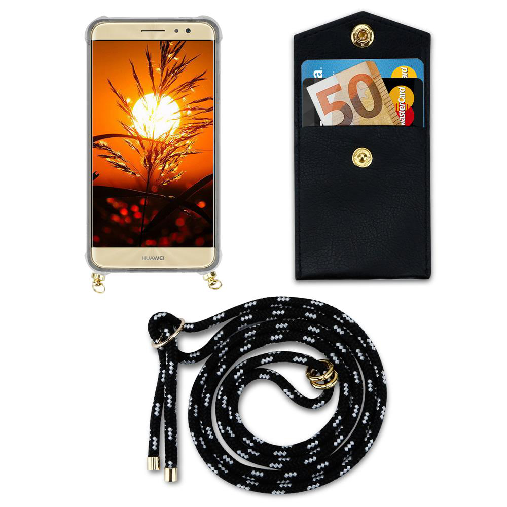 Uno smartphone con sfondo tramonto, un portafoglio nero con carte e denaro, e un cordino.