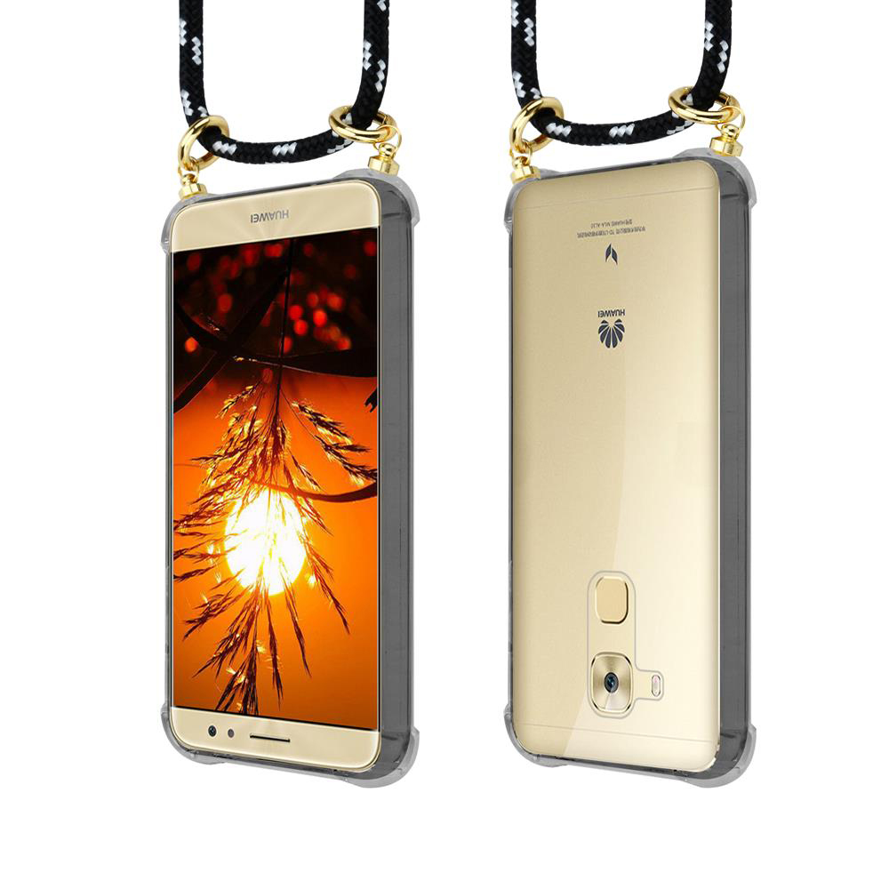 Vista frontale e posteriore di un telefono Huawei dorato in custodia trasparente con cinturino bianco e nero.