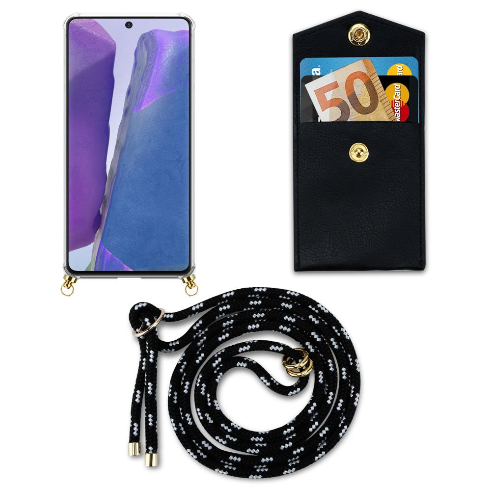 Smartphone con custodia nera e laccetto. Banconota da 50 euro e carta visibili.