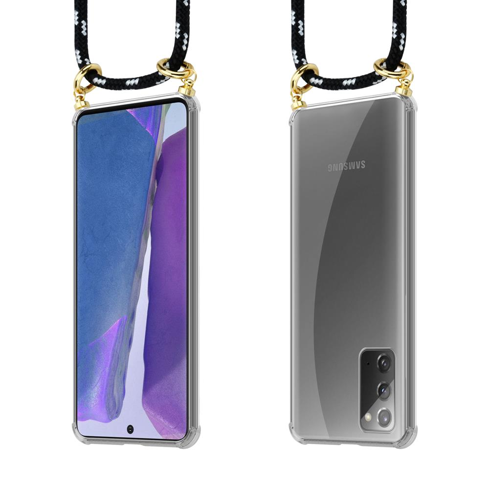 Uno smartphone in una custodia trasparente con un cordino bianco e nero.
