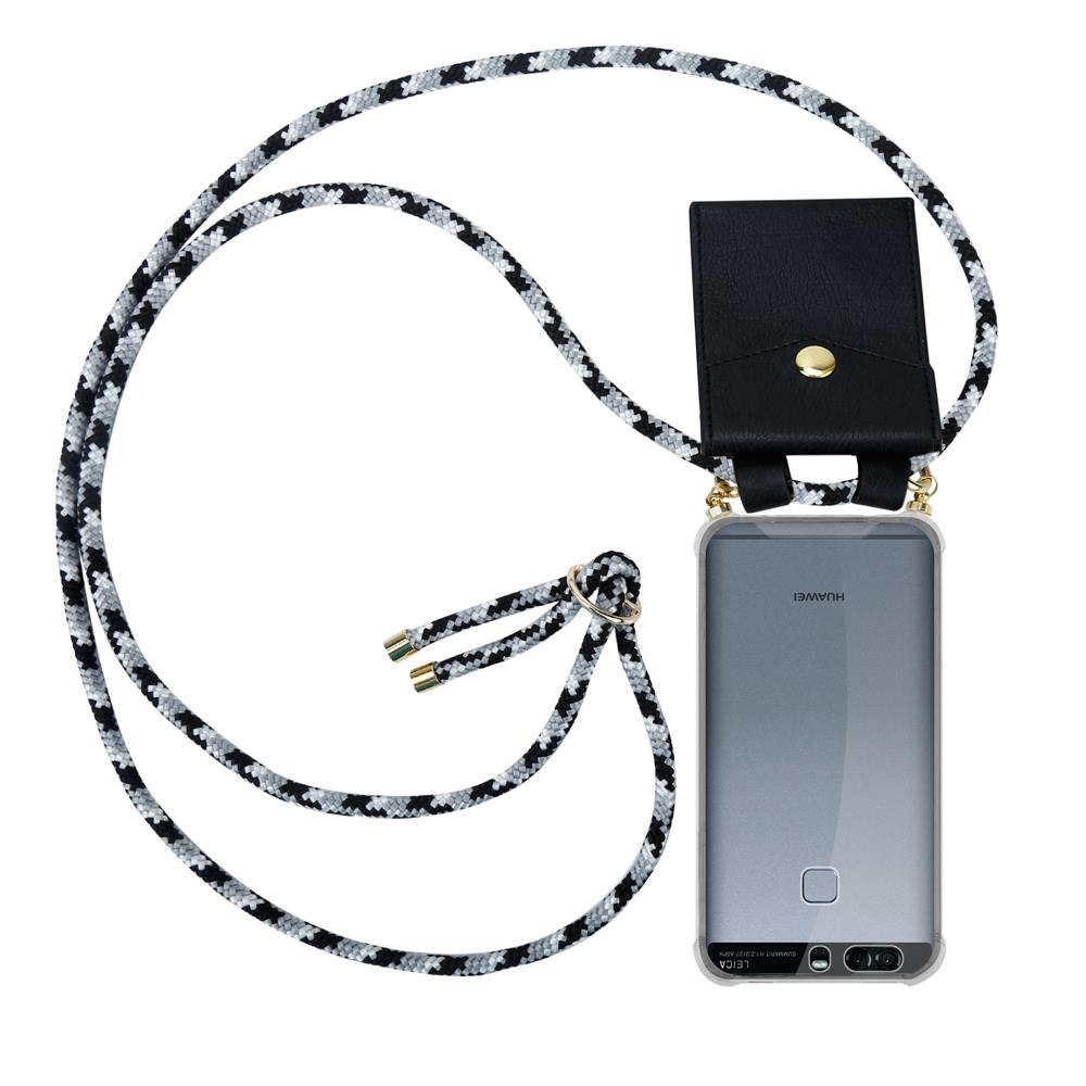 Ein schwarzes und graues Lanyard mit einem Handyhalter und einem transparenten Huawei-Handy.