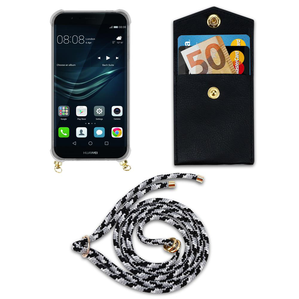 Ein Huawei-Smartphone mit Hülle, Geldbörse und Lanyard auf weißem Hintergrund.