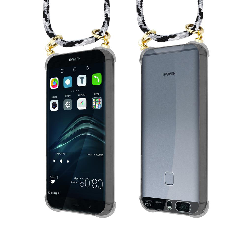 Vorder- und Rückseite eines Huawei-Handys mit schwarzer und weißer Seil-Lanyard.