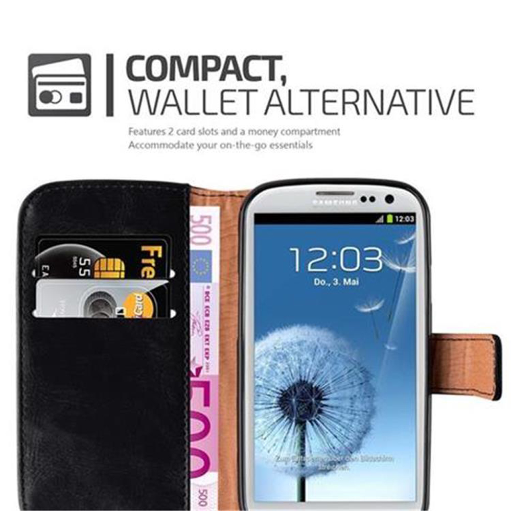Cartera negra con ranura para teléfono, ranuras para tarjetas y compartimento.