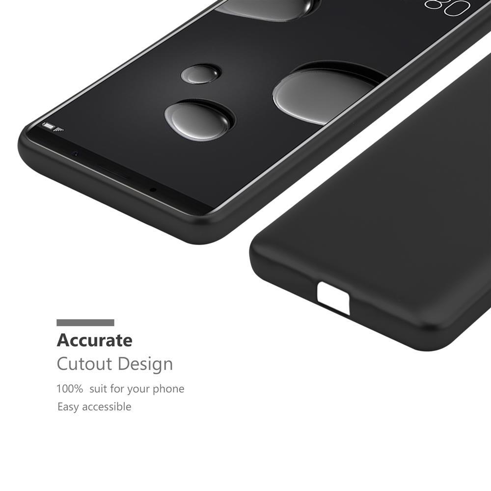 Schwarze Handyhülle mit Aussparungsdesign auf weißem Hintergrund.