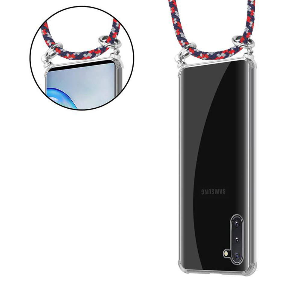 Uno smartphone in una custodia trasparente con cordino intrecciato.