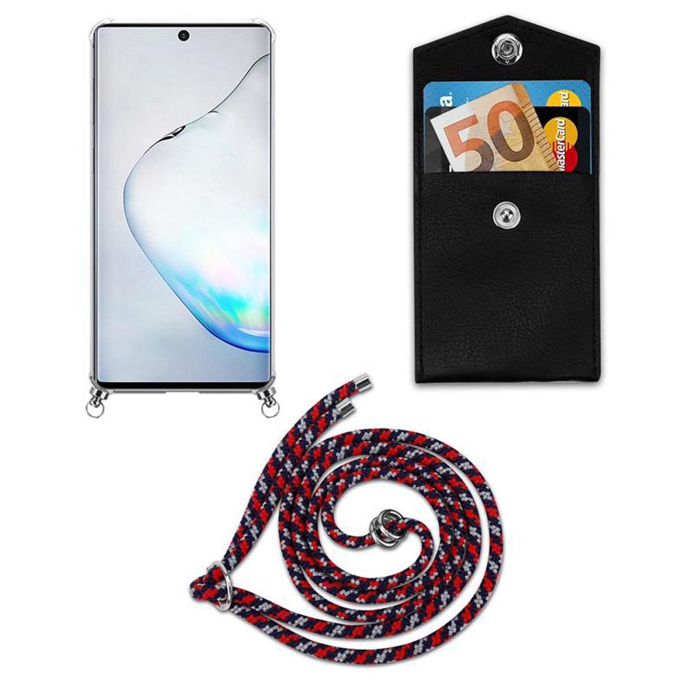 Uno smartphone con custodia, un portafoglio nero con soldi e carte, e un laccio.