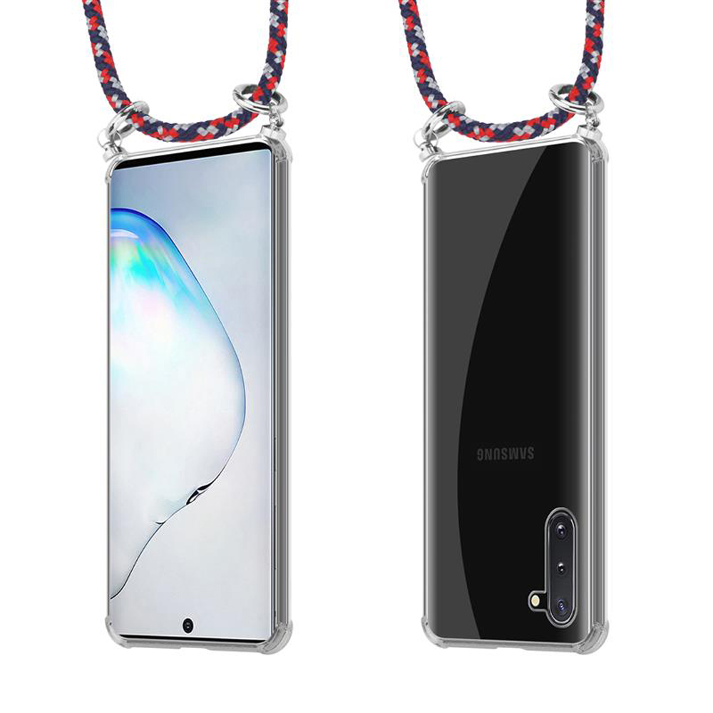 Uno smartphone in custodia trasparente con laccetto, vista frontale e posteriore.