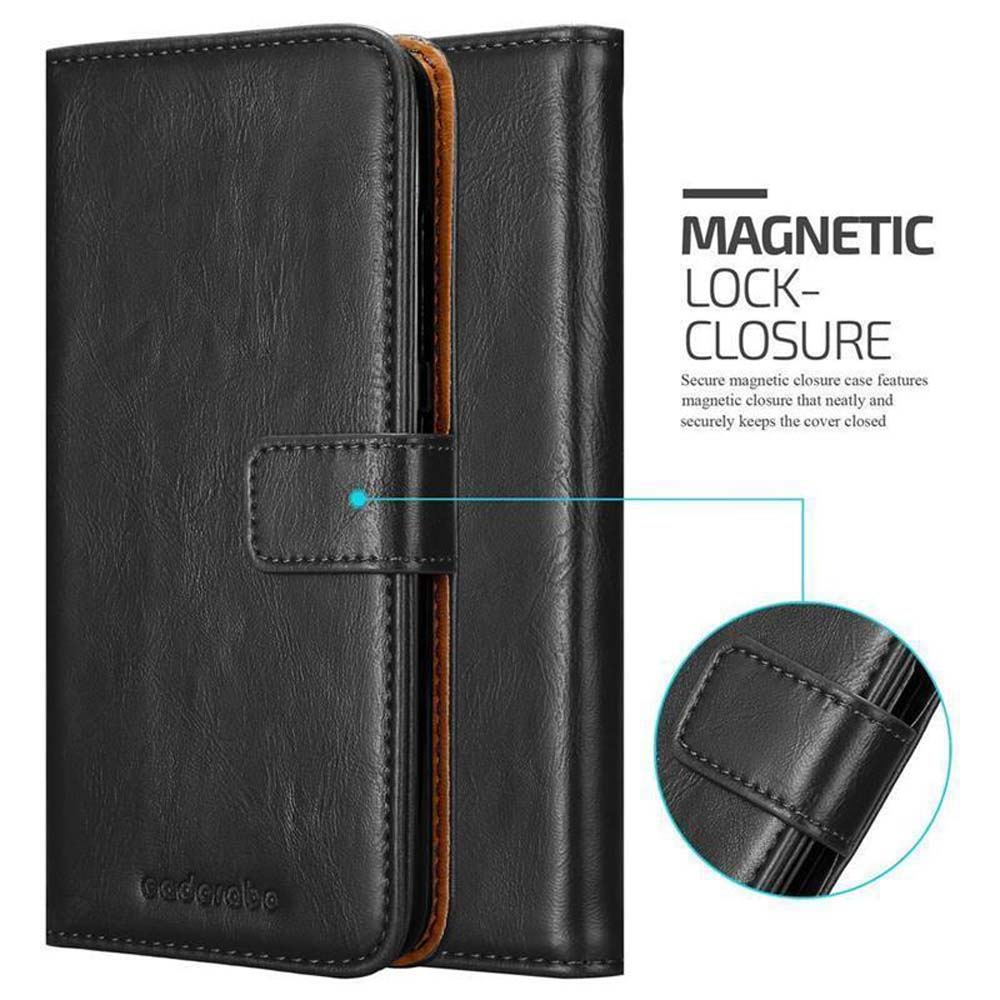 Custodia in pelle nera con chiusura magnetica e finiture marroni.