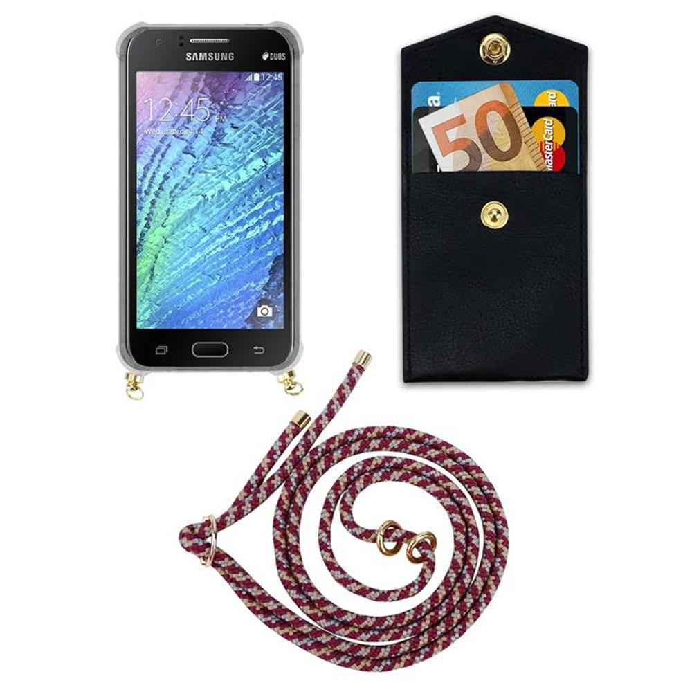 Uno smartphone, un portafoglio nero con soldi e carte, e un cordino.