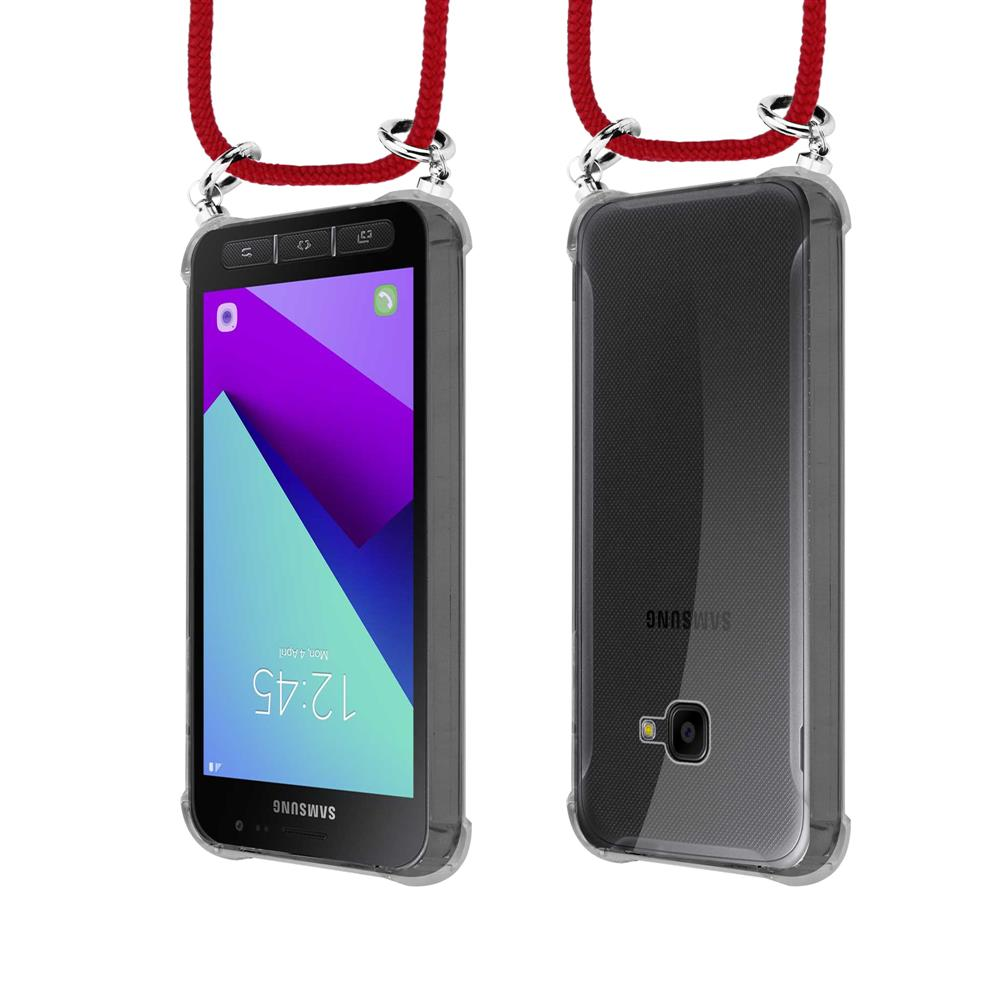 Uno smartphone con laccetto rosso, vista frontale e posteriore in custodia.