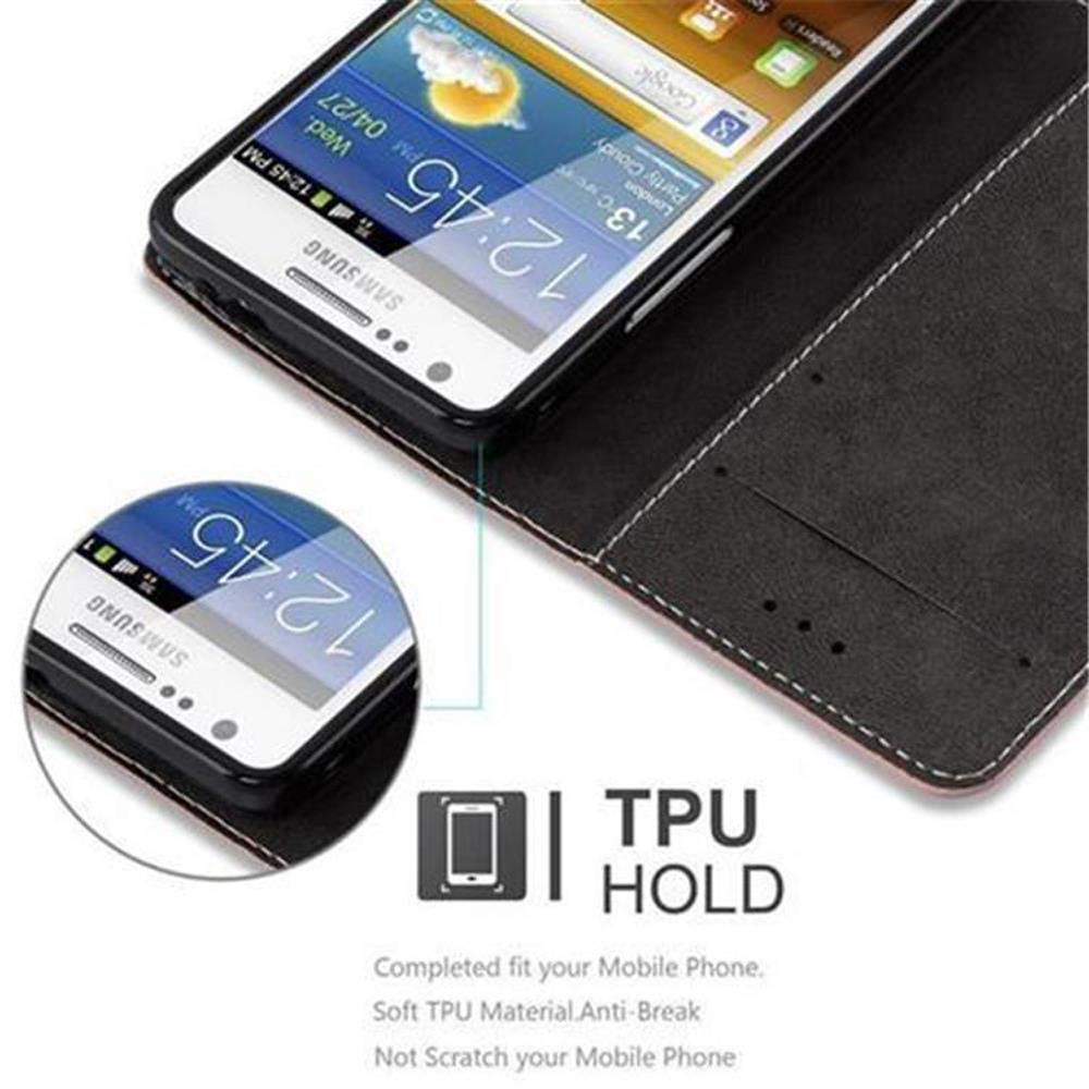 Ein weißes Samsung-Handy mit schwarzem Flip-Case, das die Uhrzeit 12:45 anzeigt.