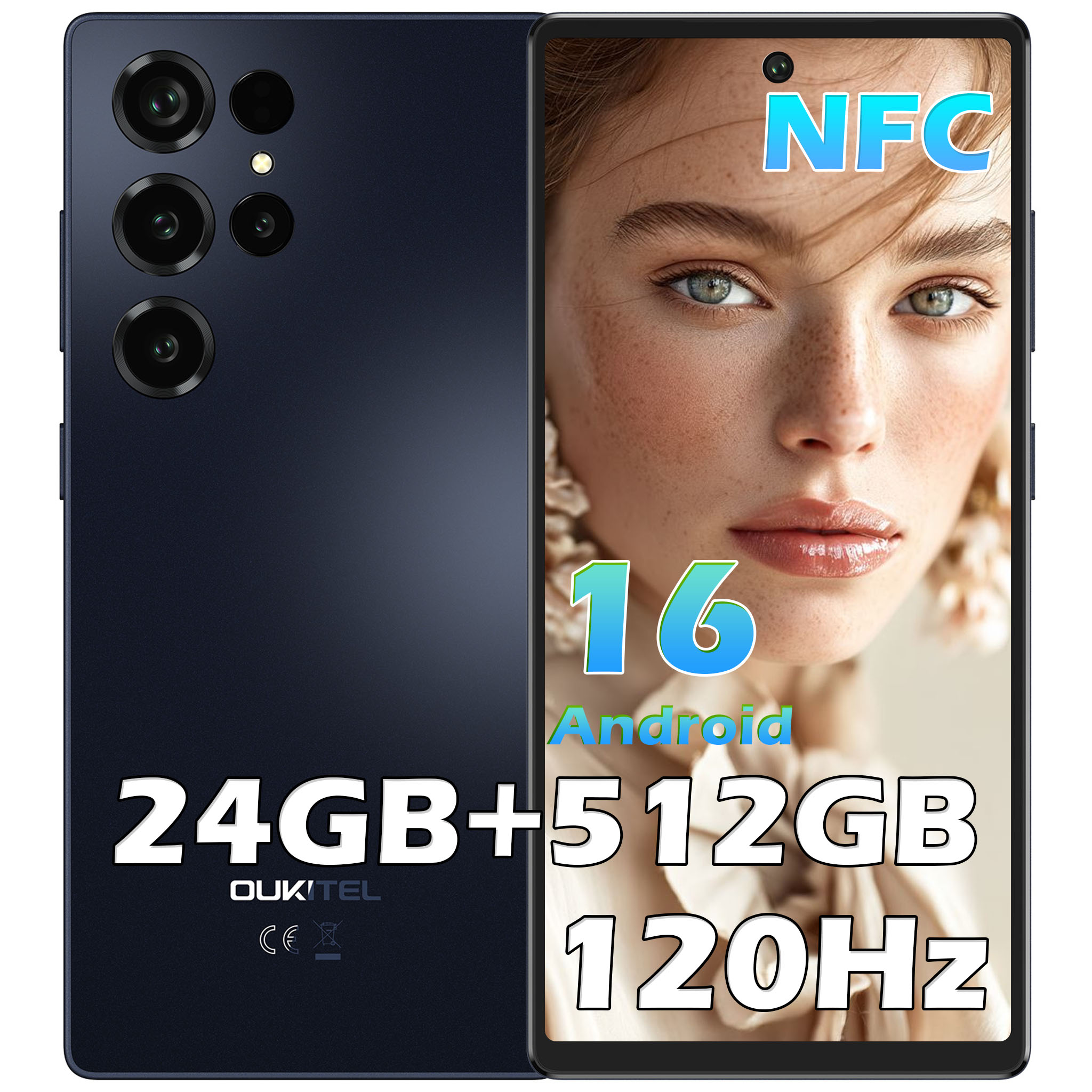 Dunkelblaues Smartphone mit vier Kameras, NFC, Android 16, 24GB+512GB, 120Hz.