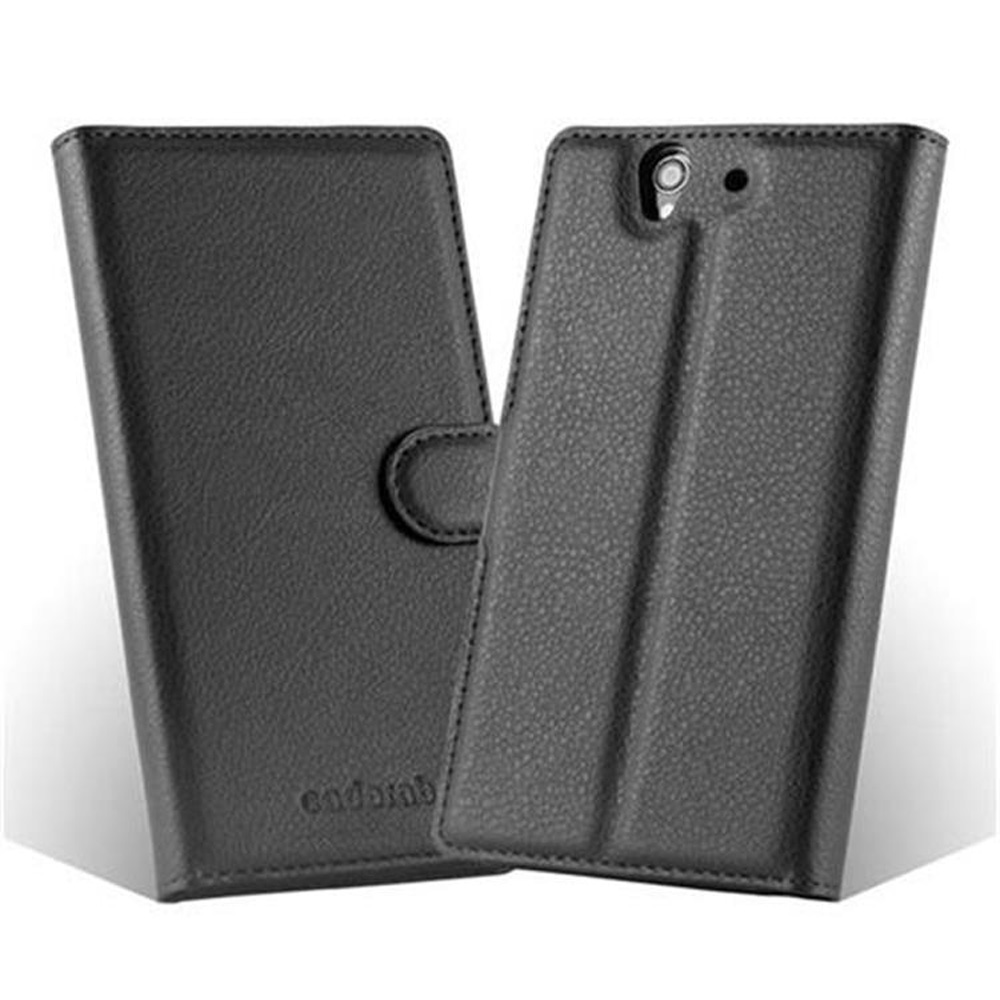 Custodia flip in pelle nera per smartphone con ritaglio fotocamera.