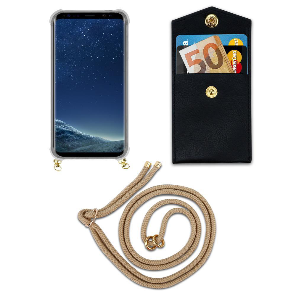 Smartphone con custodia, portafoglio con soldi e carte, e un cordino.