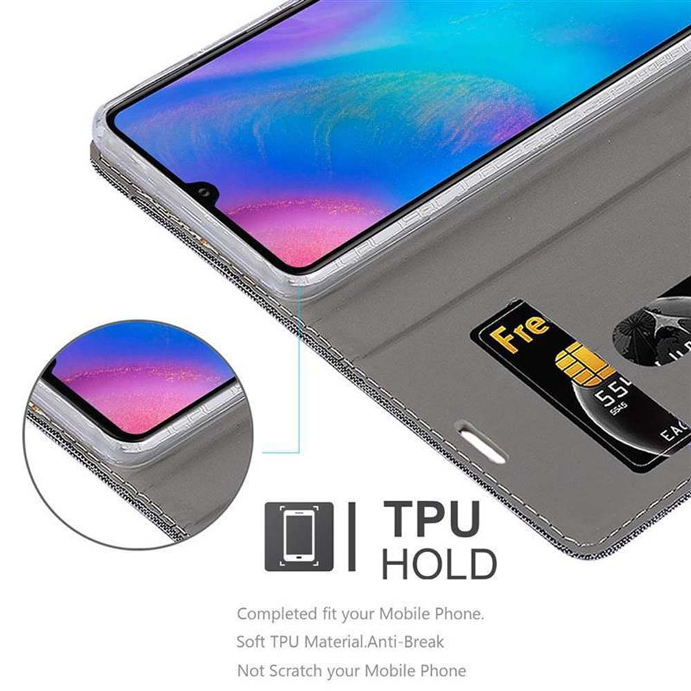 Custodia grigia per telefono con porta carte e schermo.