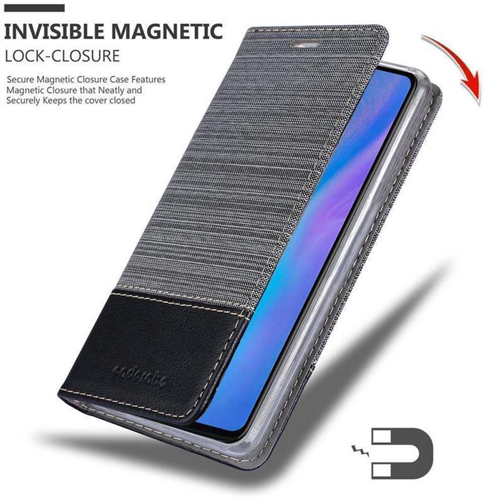 Custodia per telefono con chiusura magnetica invisibile, tessuto grigio e pelle nera.