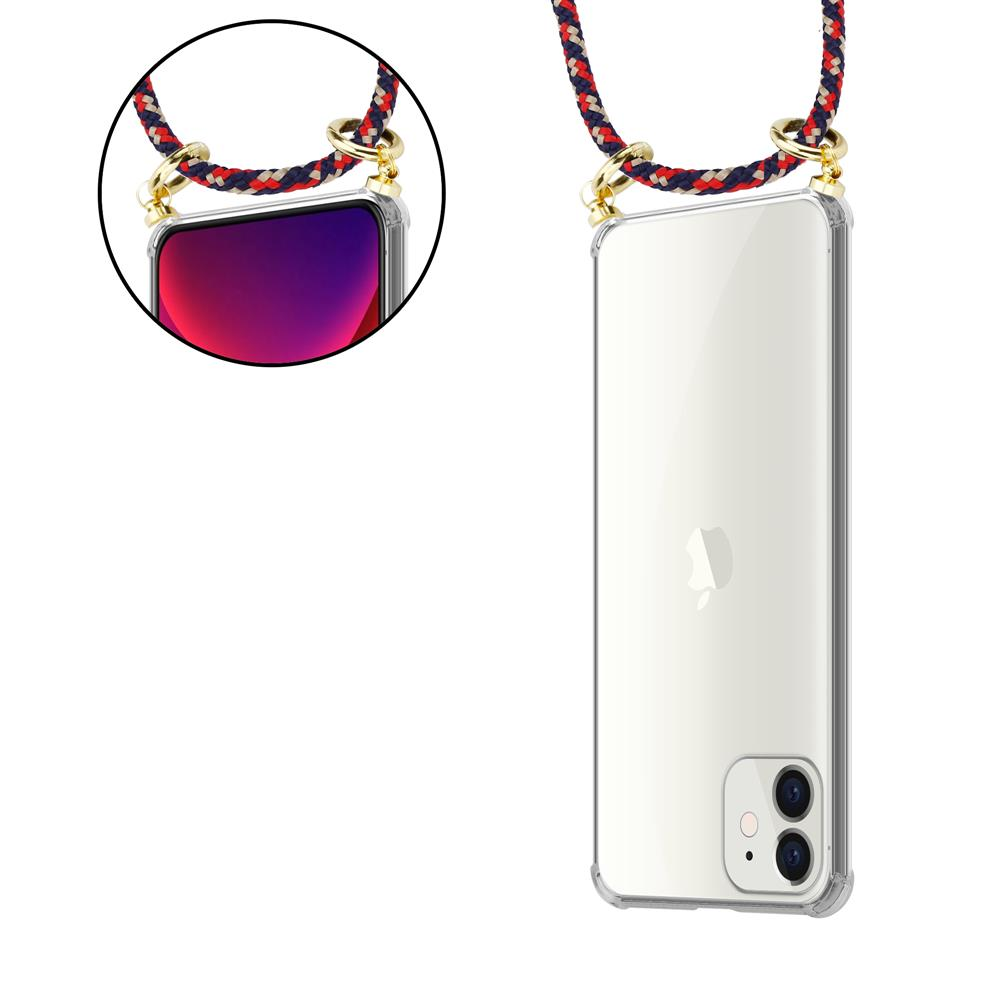 Custodia trasparente per telefono con cordino rosso, blu, bianco e anelli dorati.