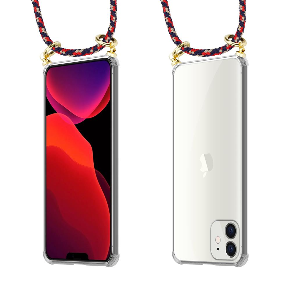 Smartphone in custodia trasparente con laccetto, vista frontale e retro.