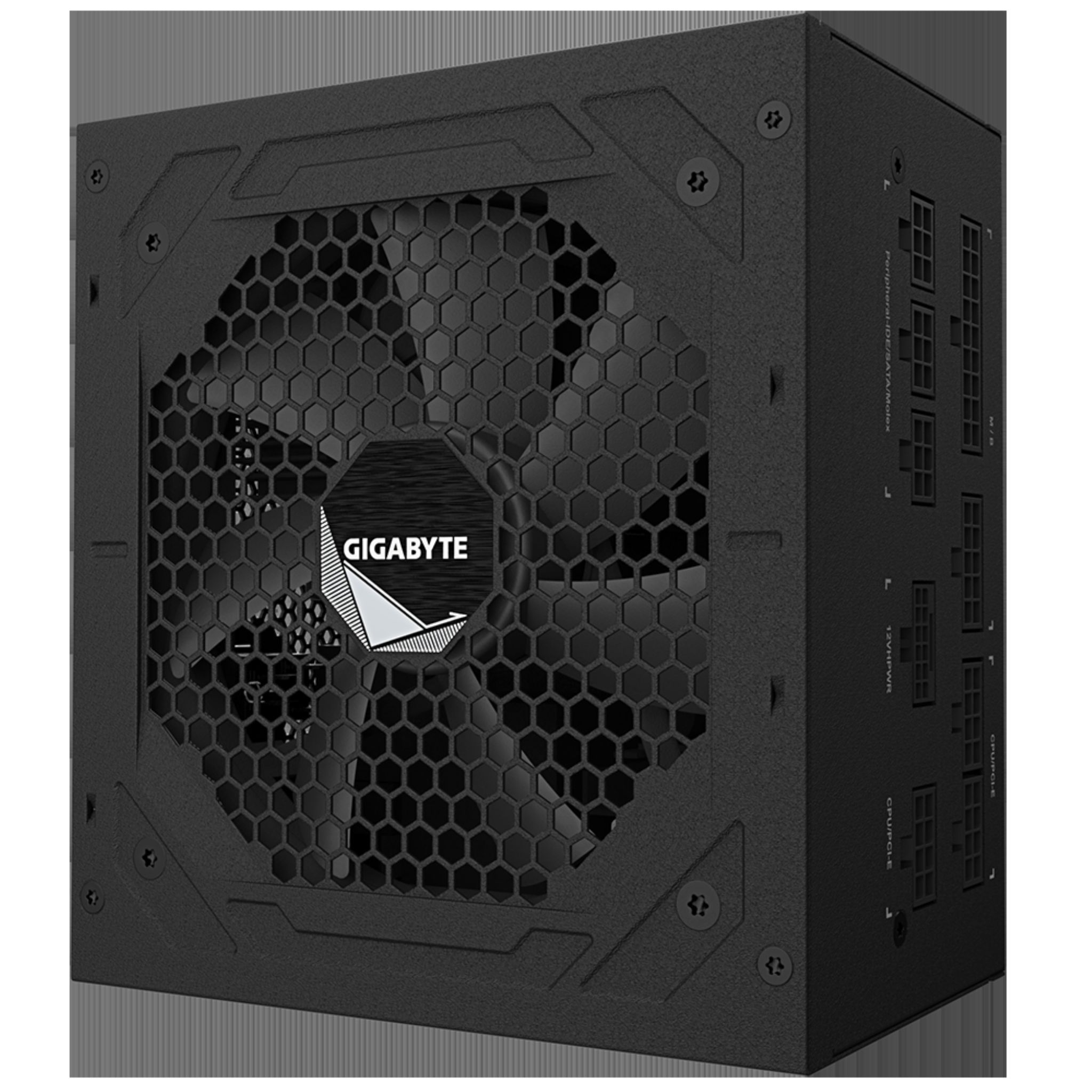 Czarny zasilacz z logo GIGABYTE, kratką wentylatora i portami.