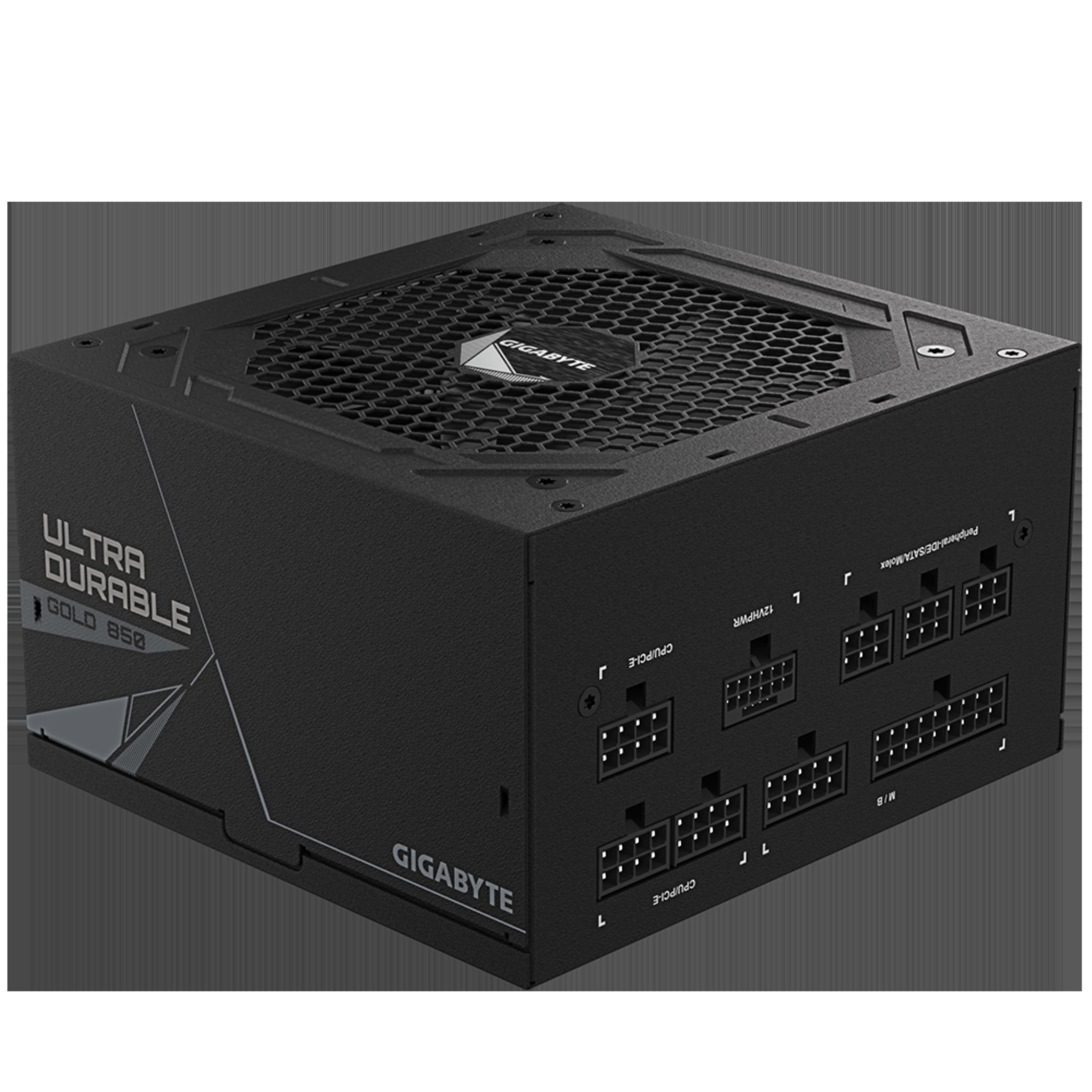 Czarny zasilacz z kratką wentylatora i portami. Etykiety: GIGABYTE, ULTRA DURABLE, GOLD 850.